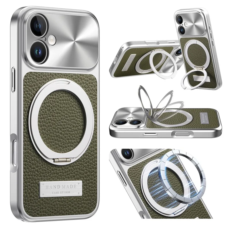 Funda magnética con soporte giratorio para iPhone 17, carcasa trasera de textura de litchi en piel PU+PC+TPU - Verde