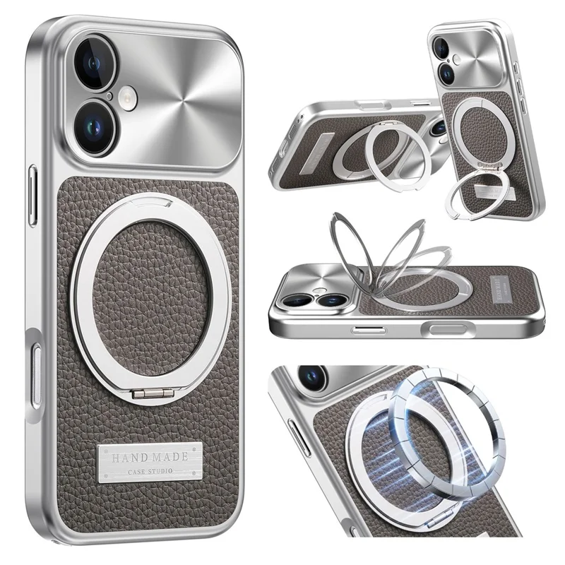 Für iPhone 16 Magnetische Hülle mit Ständer TPU+PC+PU Leder Litschi-Textur Rückendeckel - Grau