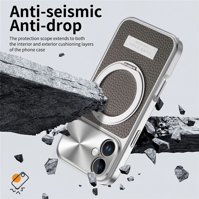 Für iPhone 16 Magnetische Hülle mit Ständer TPU+PC+PU Leder Litschi-Textur Rückendeckel - Grau