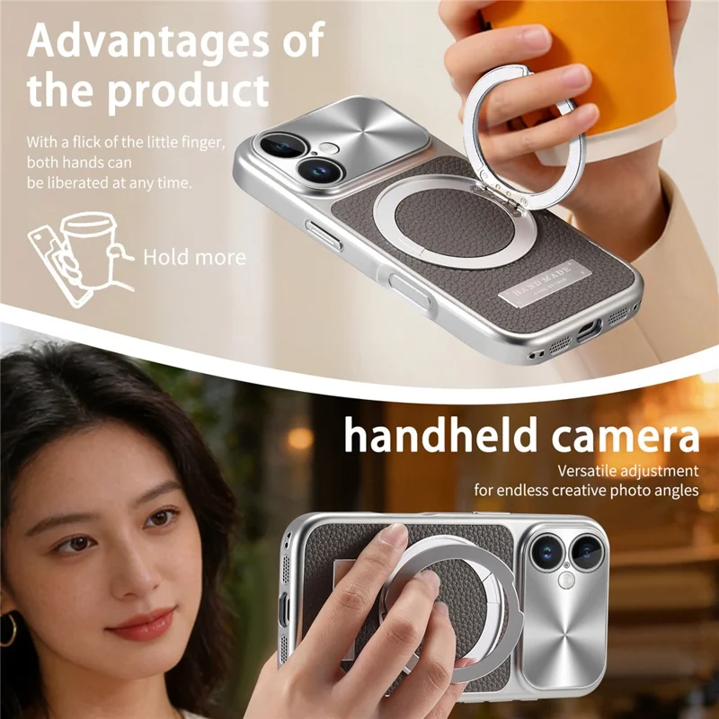 Für iPhone 16 Magnetische Hülle mit Ständer TPU+PC+PU Leder Litschi-Textur Rückendeckel - Grau