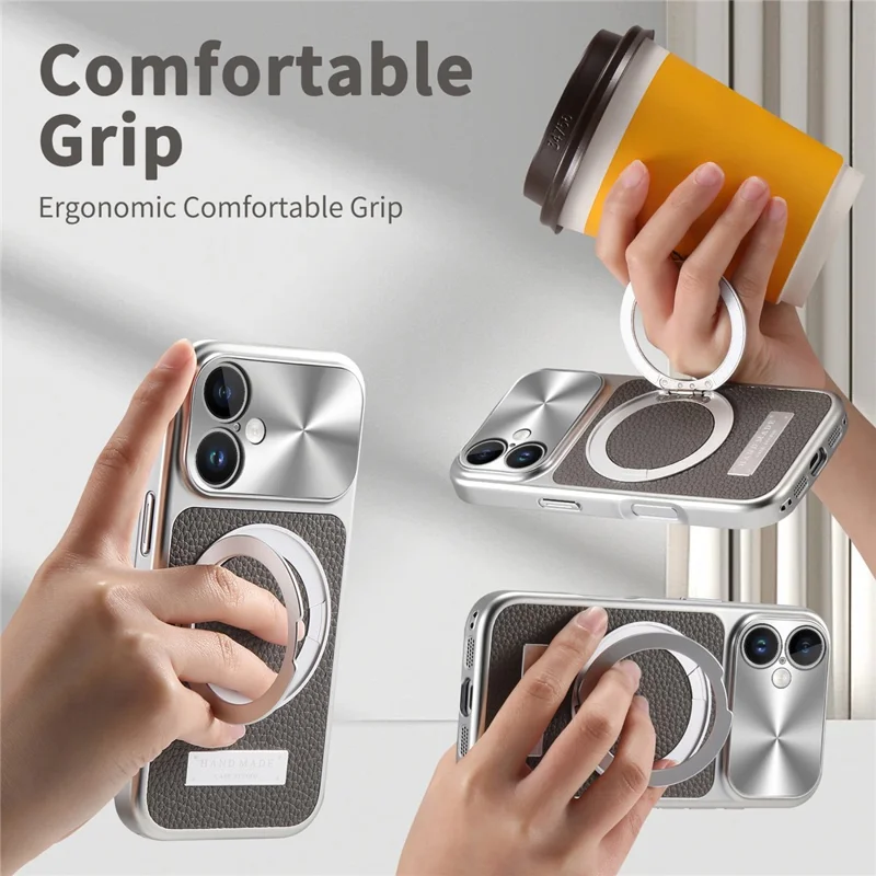 Für iPhone 16 Magnetische Hülle mit Ständer TPU+PC+PU Leder Litschi-Textur Rückendeckel - Grau