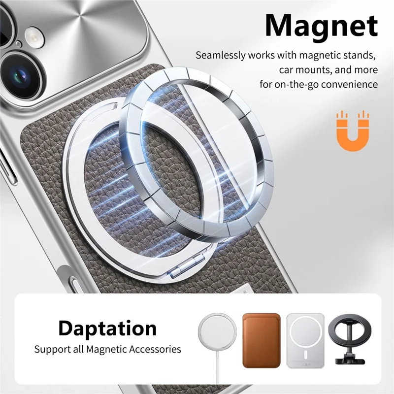 Für iPhone 16 Magnetische Hülle mit Ständer TPU+PC+PU Leder Litschi-Textur Rückendeckel - Grau
