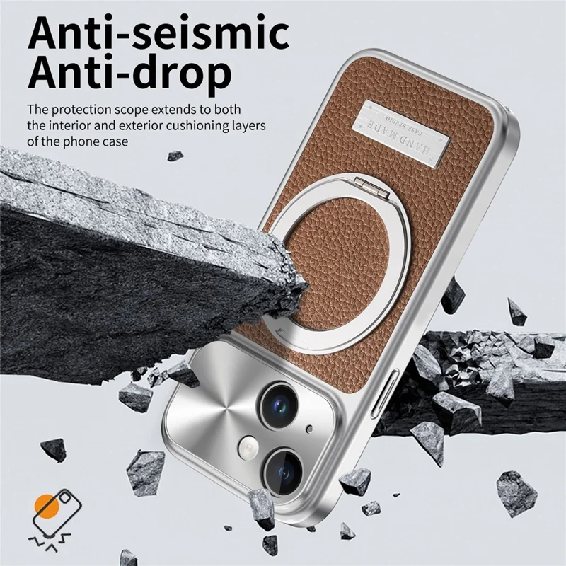 Für iPhone 15 Magnetische Hülle Ständer TPU+PC+PU Leder Litschi-Textur Handy-Rückendeckel - Braun
