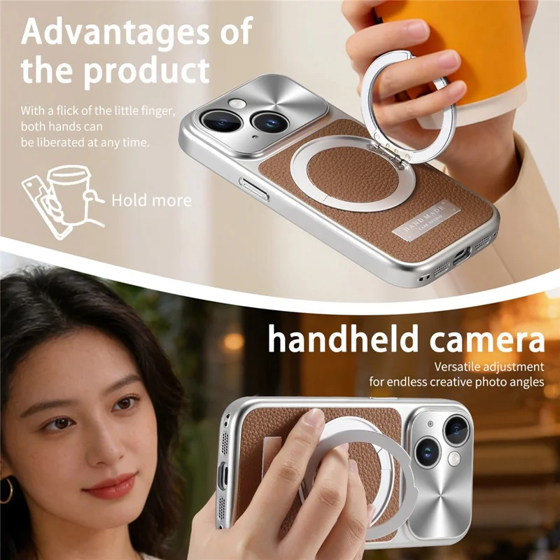 Für iPhone 15 Magnetische Hülle Ständer TPU+PC+PU Leder Litschi-Textur Handy-Rückendeckel - Braun