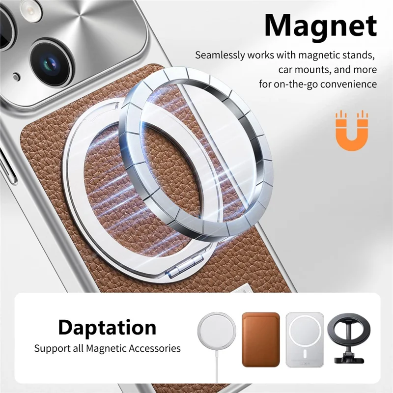 Für iPhone 15 Magnetische Hülle Ständer TPU+PC+PU Leder Litschi-Textur Handy-Rückendeckel - Braun