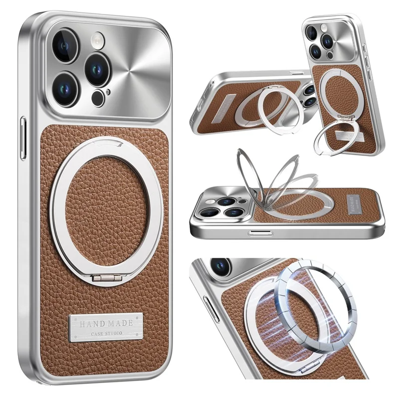 Magnetische Hülle mit Ständer für iPhone 15 Pro, TPU+PC+PU-Leder, Litschi-Textur, Handy-Rückendeckel - Braun