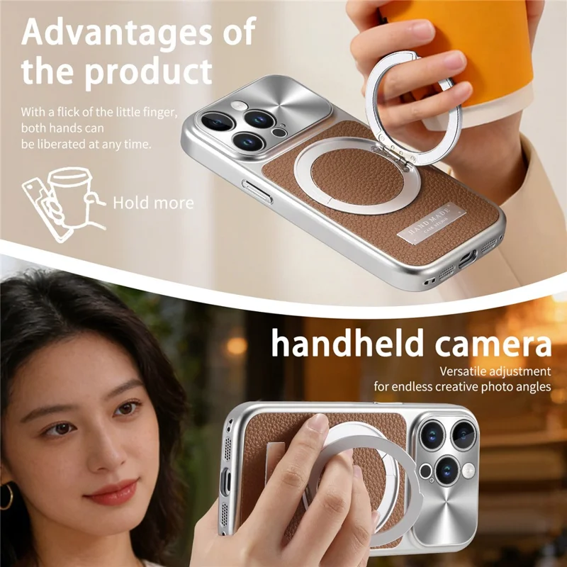 Magnetische Hülle mit Ständer für iPhone 15 Pro, TPU+PC+PU-Leder, Litschi-Textur, Handy-Rückendeckel - Braun