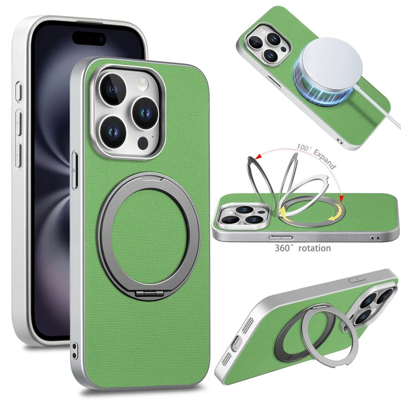 غطاء لهاتف iPhone 15 Pro Max مع حلقة دوارة مغناطيسية وغطاء خلفي شبكي ناعم من الجلد + PC + TPU - أخضر