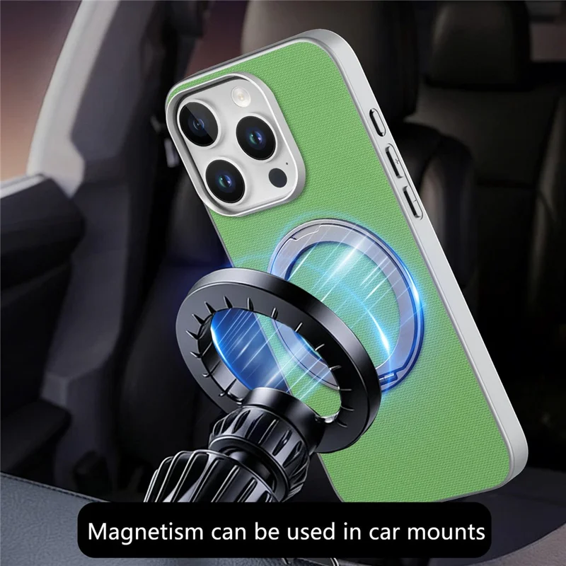 Funda magnética con anillo soporte giratorio para iPhone 15 Pro, textura de cuadrícula fina, carcasa de cuero + PC + TPU - Verde
