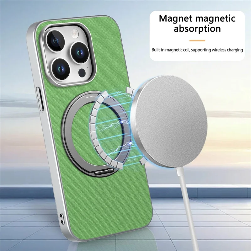 Funda magnética con anillo soporte giratorio para iPhone 15 Pro, textura de cuadrícula fina, carcasa de cuero + PC + TPU - Verde