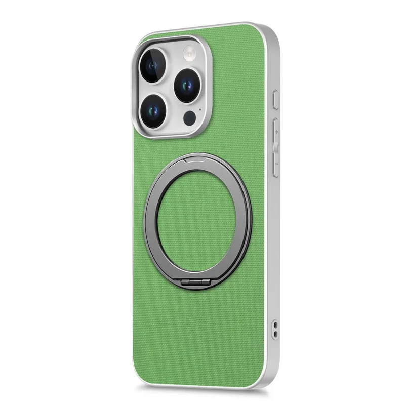 Funda magnética con anillo soporte giratorio para iPhone 15 Pro, textura de cuadrícula fina, carcasa de cuero + PC + TPU - Verde