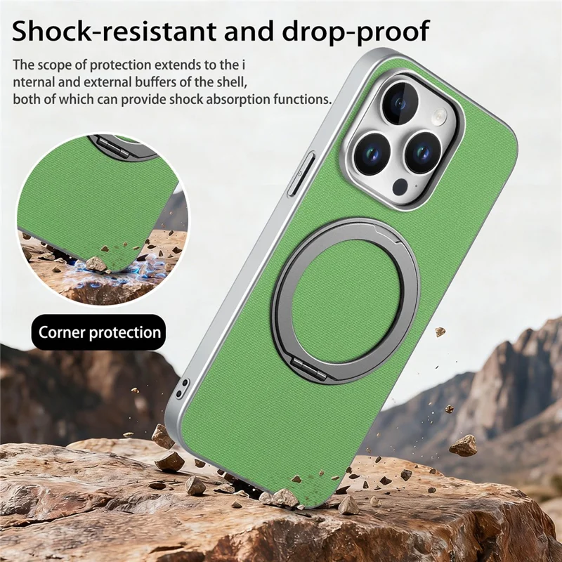 Funda magnética con anillo soporte giratorio para iPhone 15 Pro, textura de cuadrícula fina, carcasa de cuero + PC + TPU - Verde