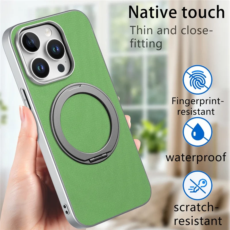 Funda magnética con anillo soporte giratorio para iPhone 15 Pro, textura de cuadrícula fina, carcasa de cuero + PC + TPU - Verde