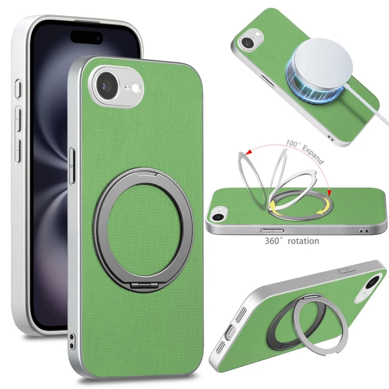 Funda magnética para iPhone 16e / 17e con anillo giratorio y textura de cuadrícula fina, carcasa de cuero + PC + TPU - Verde