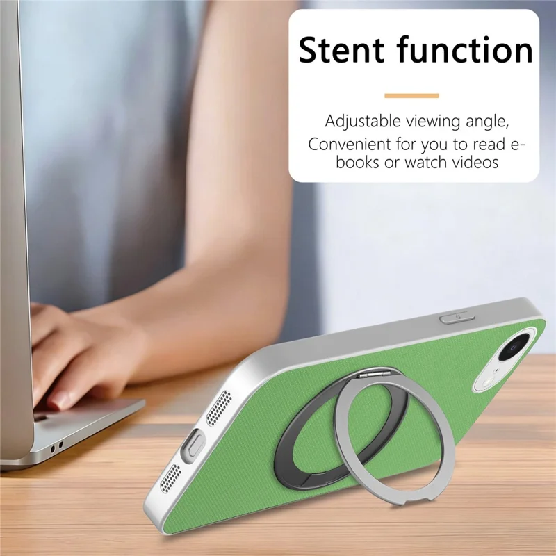 Funda magnética para iPhone 16e / 17e con anillo giratorio y textura de cuadrícula fina, carcasa de cuero + PC + TPU - Verde