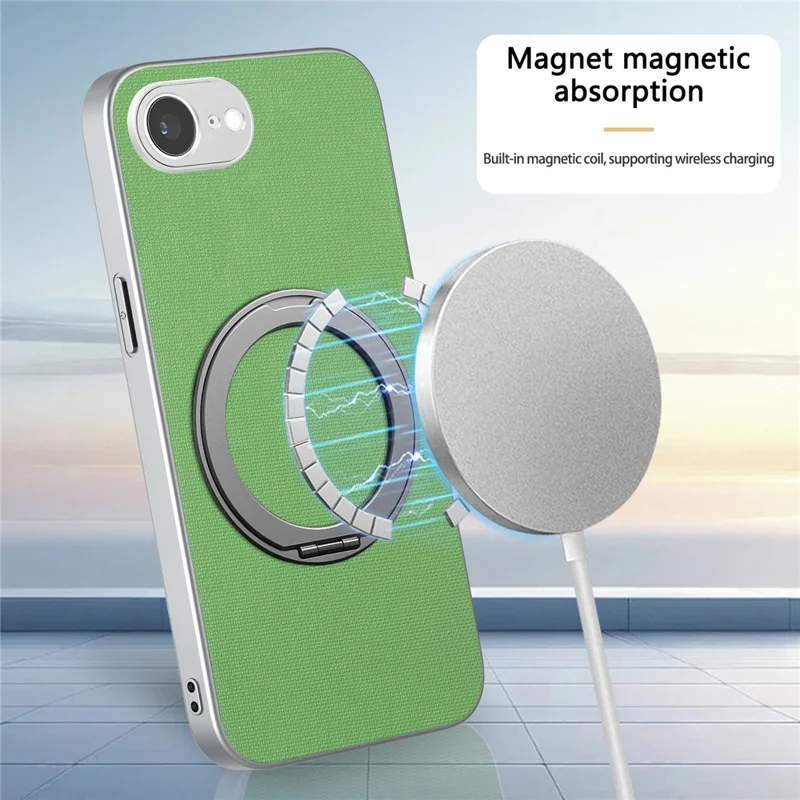 Funda magnética para iPhone 16e / 17e con anillo giratorio y textura de cuadrícula fina, carcasa de cuero + PC + TPU - Verde