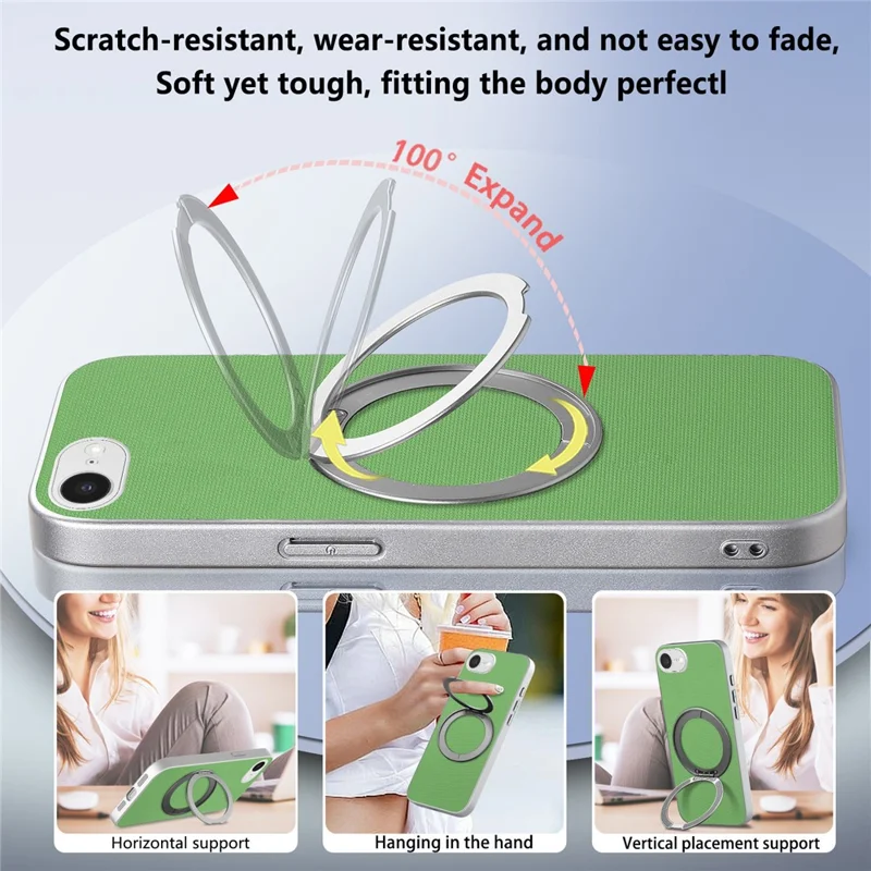 Funda magnética para iPhone 16e / 17e con anillo giratorio y textura de cuadrícula fina, carcasa de cuero + PC + TPU - Verde