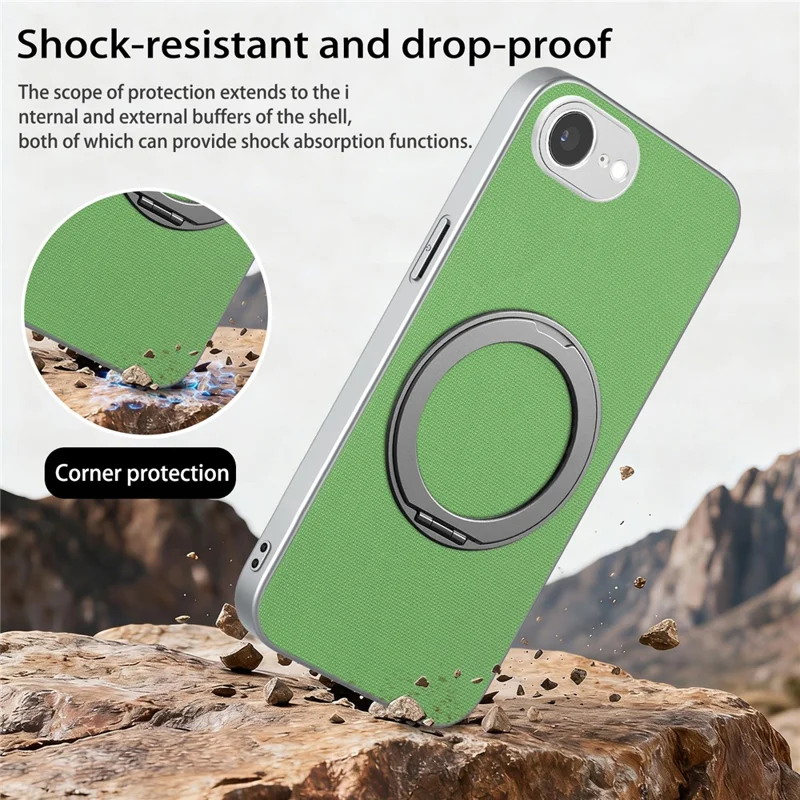 Funda magnética para iPhone 16e / 17e con anillo giratorio y textura de cuadrícula fina, carcasa de cuero + PC + TPU - Verde