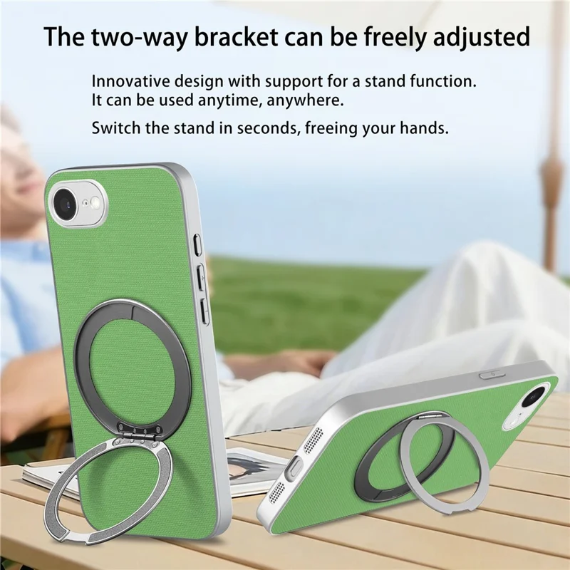 Funda magnética para iPhone 16e / 17e con anillo giratorio y textura de cuadrícula fina, carcasa de cuero + PC + TPU - Verde