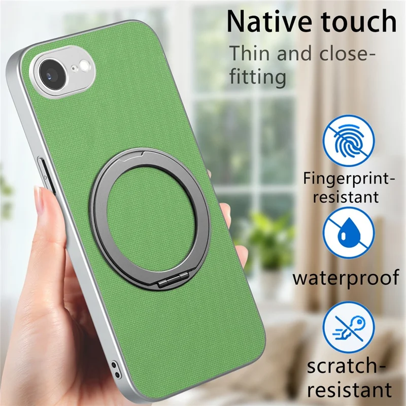 Funda magnética para iPhone 16e / 17e con anillo giratorio y textura de cuadrícula fina, carcasa de cuero + PC + TPU - Verde