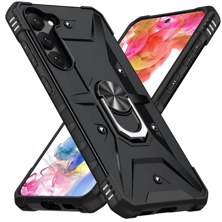 For Samsung Galaxy S23+ Ring Car Mount Kickstand Phone Case Military-Grade Drop-proof Hard PC Soft TPU Hybrid Cover - Black