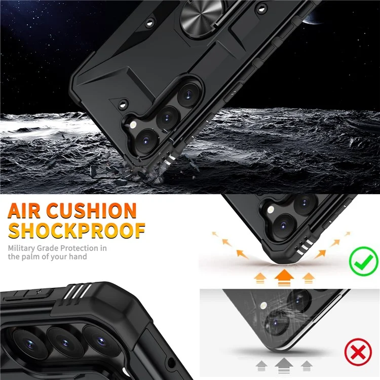 For Samsung Galaxy S23+ Ring Car Mount Kickstand Phone Case Military-Grade Drop-proof Hard PC Soft TPU Hybrid Cover - Black