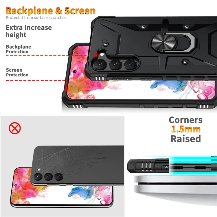 For Samsung Galaxy S23+ Ring Car Mount Kickstand Phone Case Military-Grade Drop-proof Hard PC Soft TPU Hybrid Cover - Black