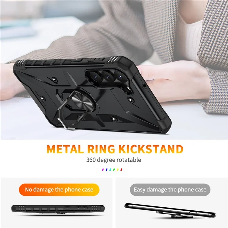 For Samsung Galaxy S23+ Ring Car Mount Kickstand Phone Case Military-Grade Drop-proof Hard PC Soft TPU Hybrid Cover - Black