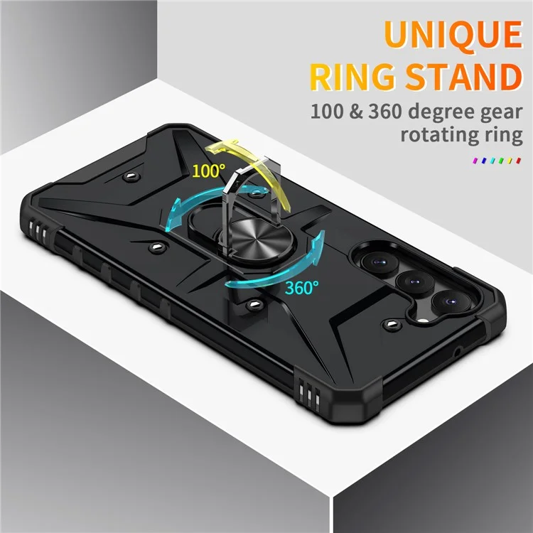For Samsung Galaxy S23+ Ring Car Mount Kickstand Phone Case Military-Grade Drop-proof Hard PC Soft TPU Hybrid Cover - Black