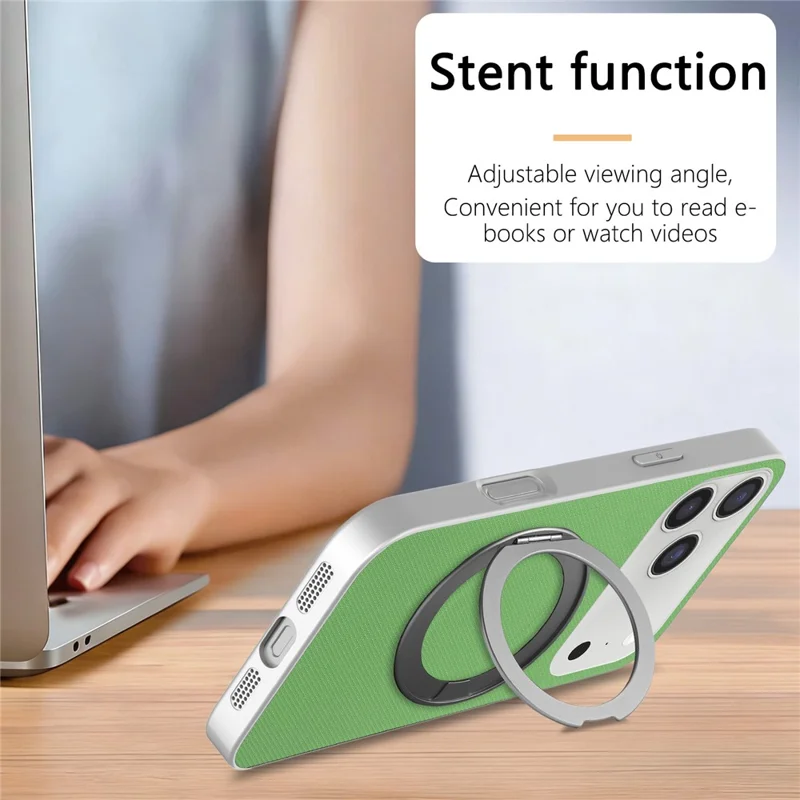 Cover magnetico con anello supporto per iPhone 17 Pro Max, custodia in pelle con texture a griglia fine + PC + TPU - Verde