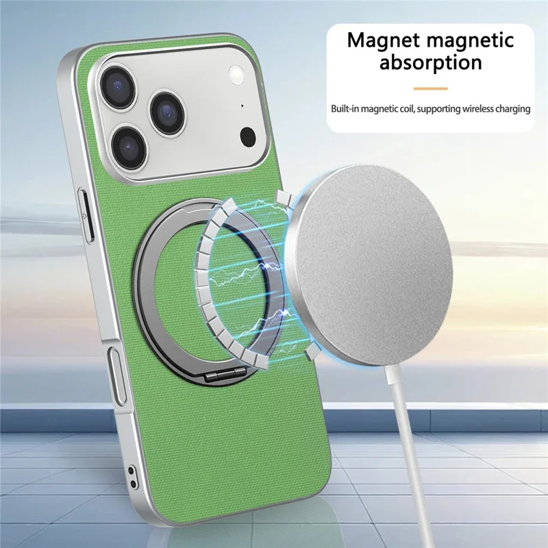 Cover magnetico con anello supporto per iPhone 17 Pro Max, custodia in pelle con texture a griglia fine + PC + TPU - Verde