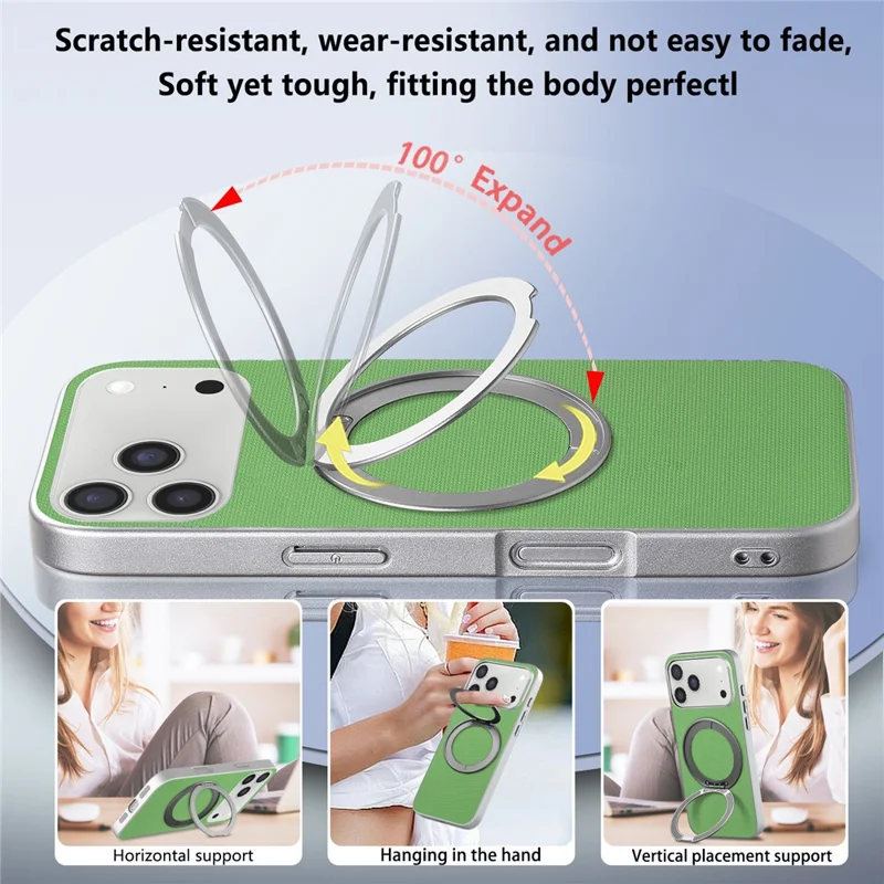 Cover magnetico con anello supporto per iPhone 17 Pro Max, custodia in pelle con texture a griglia fine + PC + TPU - Verde