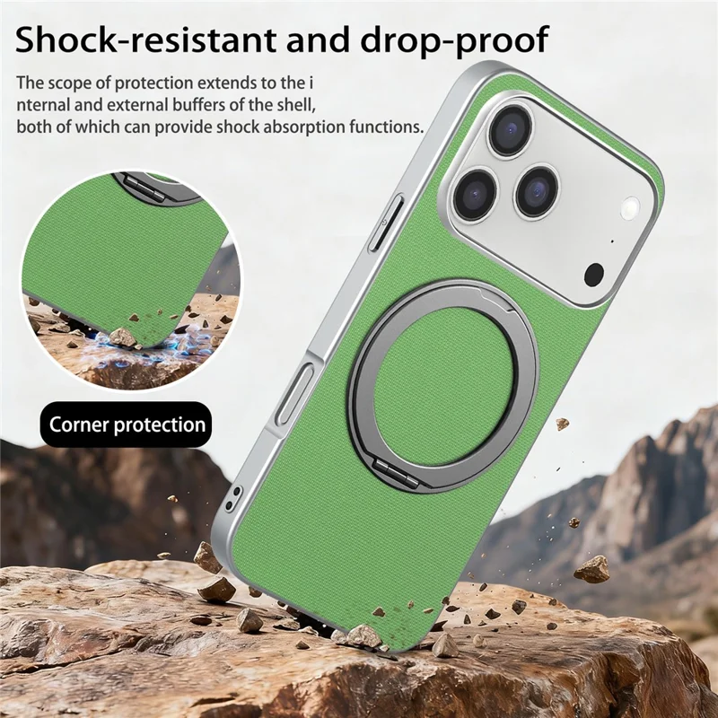 Cover magnetico con anello supporto per iPhone 17 Pro Max, custodia in pelle con texture a griglia fine + PC + TPU - Verde