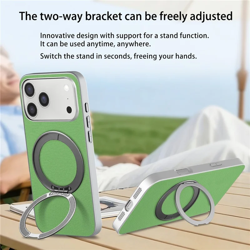 Cover magnetico con anello supporto per iPhone 17 Pro Max, custodia in pelle con texture a griglia fine + PC + TPU - Verde