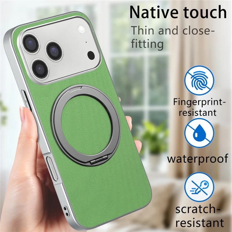 Cover magnetico con anello supporto per iPhone 17 Pro Max, custodia in pelle con texture a griglia fine + PC + TPU - Verde