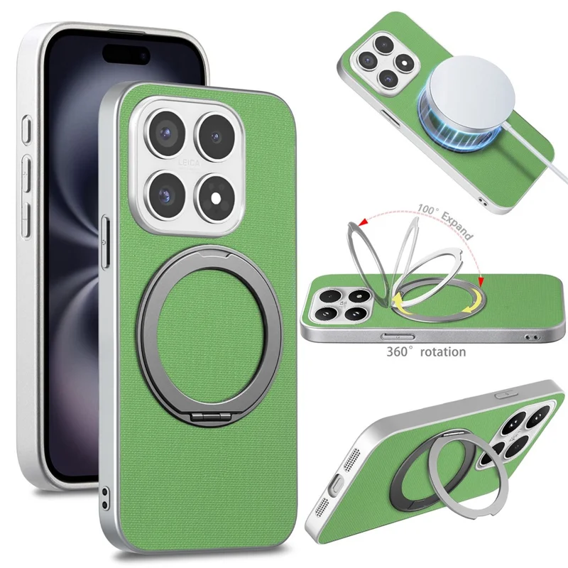 For Xiaomi 17 Magnetic Case Ring Kickstand Fine Grid Texture Leather + PC + TPU Phone Cover - Green