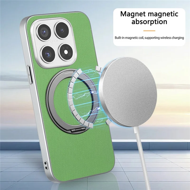 For Xiaomi 17 Magnetic Case Ring Kickstand Fine Grid Texture Leather + PC + TPU Phone Cover - Green