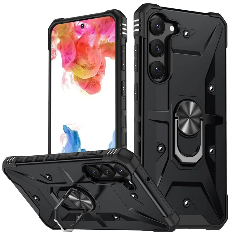 For Samsung Galaxy S23 Scratch Proof Ring Car Mount Kickstand Phone Case Hard PC Soft TPU Hybrid Military-Grade Shockproof Cover - Black