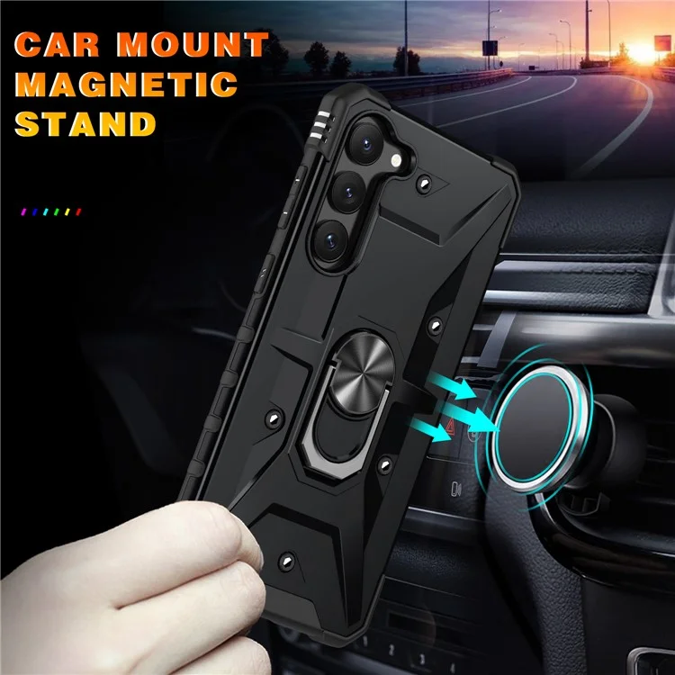 For Samsung Galaxy S23 Scratch Proof Ring Car Mount Kickstand Phone Case Hard PC Soft TPU Hybrid Military-Grade Shockproof Cover - Black