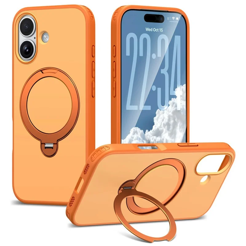 For iPhone 17 Magnetic Case Ring Holder Kickstand PC + TPU Dual-Layer Protective Phone Cover - Orange