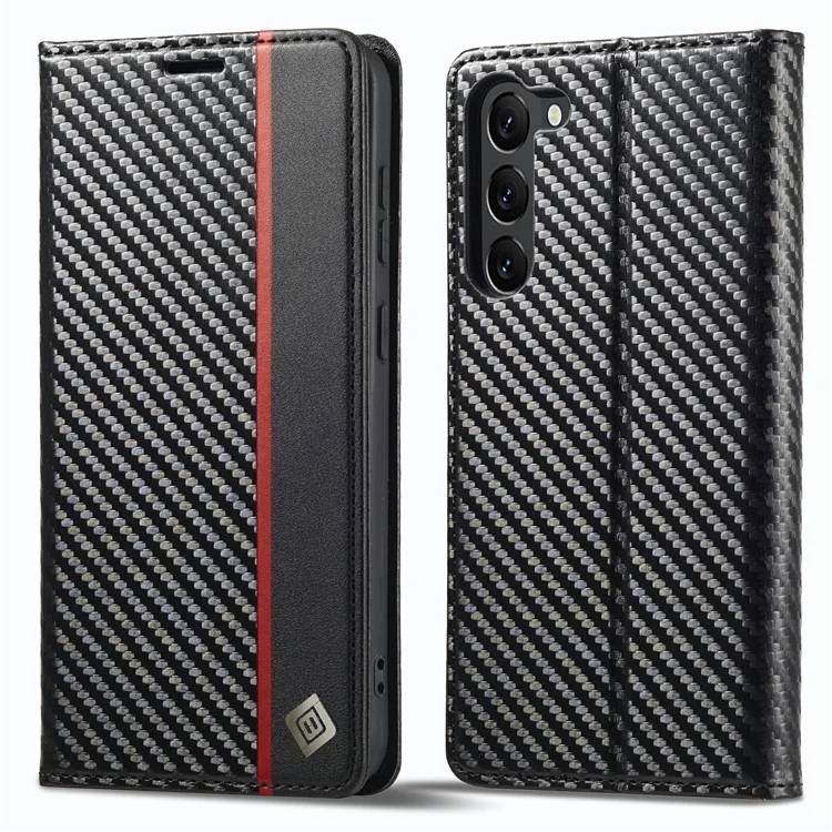 LC.IMEEKE for Samsung Galaxy S23 Carbon Fiber Texture Magnetic Clasp Phone Stand Case PU Leather Wallet Cover - Vertical Stripe