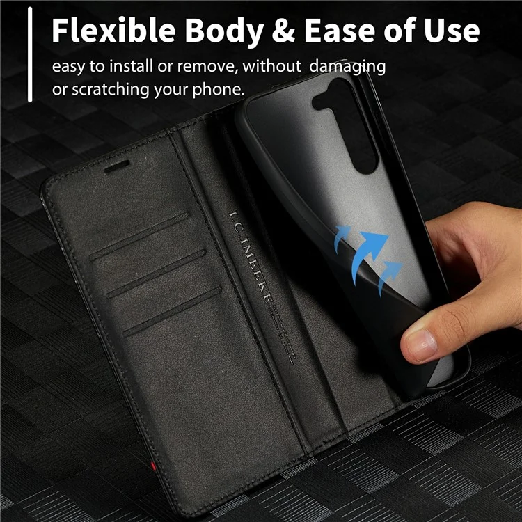 LC.IMEEKE for Samsung Galaxy S23 Carbon Fiber Texture Magnetic Clasp Phone Stand Case PU Leather Wallet Cover - Vertical Stripe