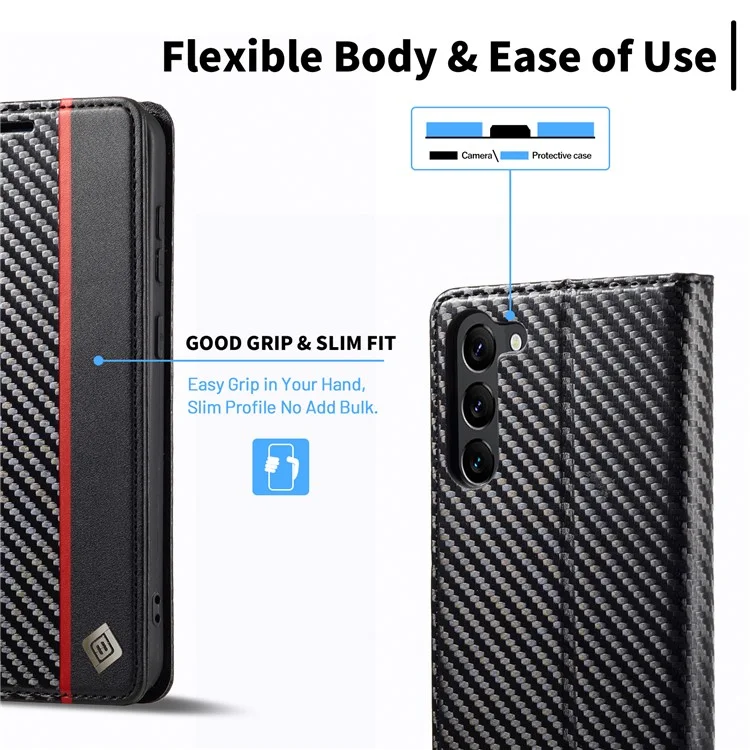 LC.IMEEKE for Samsung Galaxy S23 Carbon Fiber Texture Magnetic Clasp Phone Stand Case PU Leather Wallet Cover - Vertical Stripe