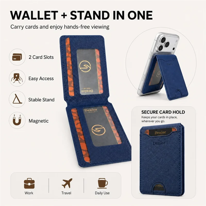 DENIOR V27 Magnetisk Kortlomme til iPhone 17e / Air / 17 / 17 Pro / 17 Pro Max / 16e / 16 Pro Max / 16 Pro / 16 Plus / 16 Foldbar Holder - Blå