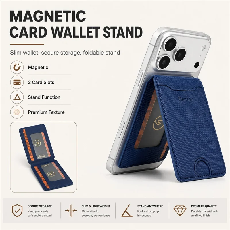 DENIOR V27 Magnetisk Kortlomme til iPhone 17e / Air / 17 / 17 Pro / 17 Pro Max / 16e / 16 Pro Max / 16 Pro / 16 Plus / 16 Foldbar Holder - Blå