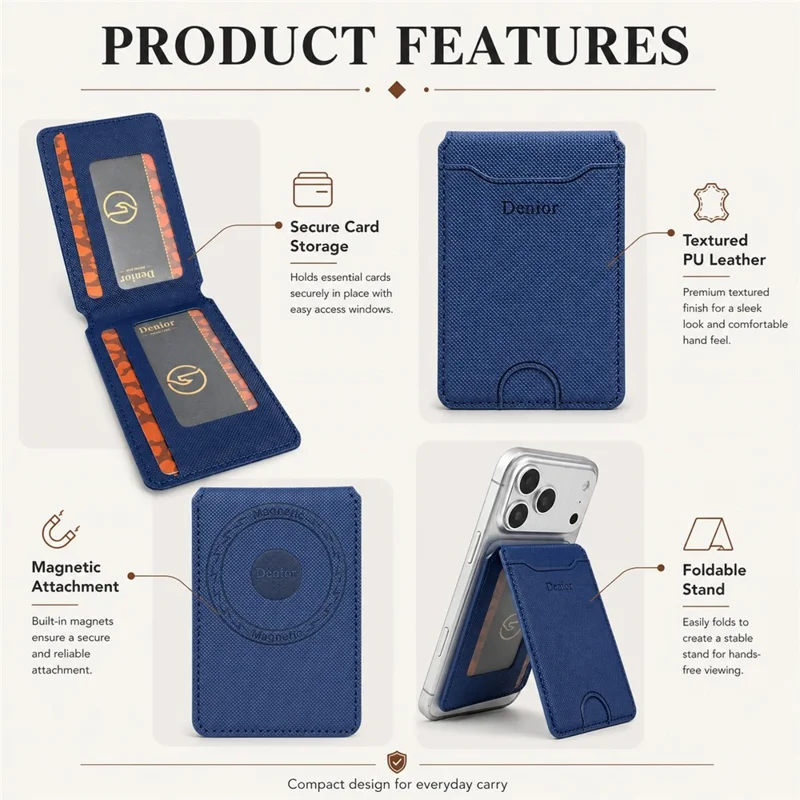DENIOR V27 Magnetisk Kortlomme til iPhone 17e / Air / 17 / 17 Pro / 17 Pro Max / 16e / 16 Pro Max / 16 Pro / 16 Plus / 16 Foldbar Holder - Blå