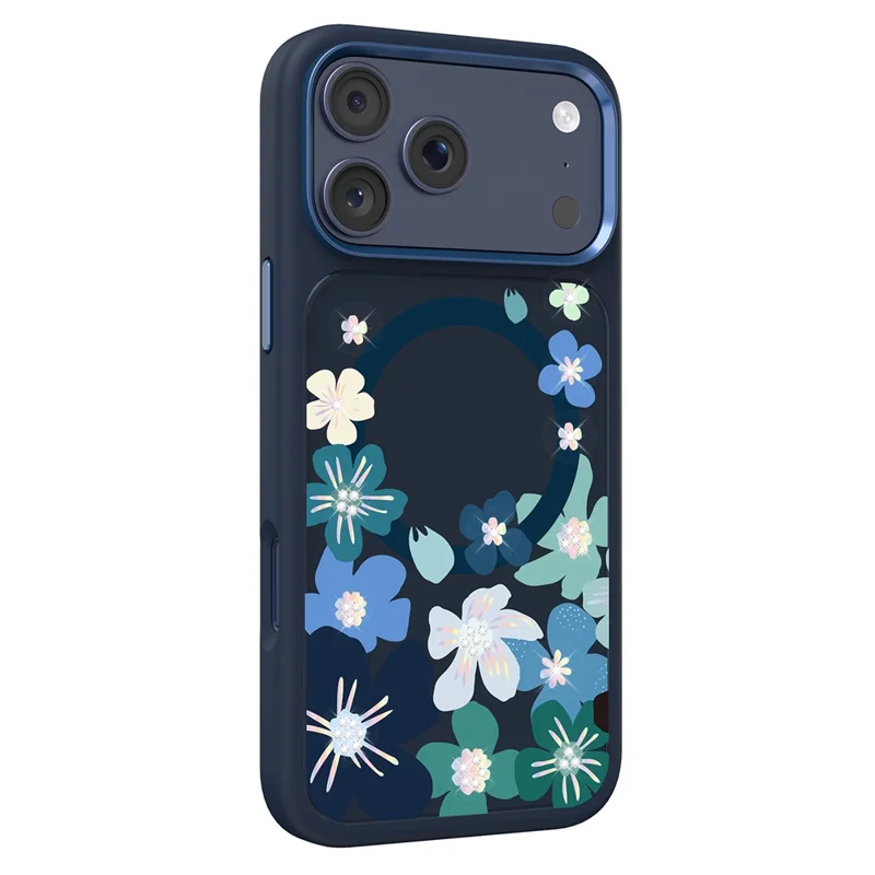 MUTURAL For iPhone 17 Pro Magnetic Case Flower Pattern Design Liquid Silicone + Glass + PC Phone Cover - Dark Blue