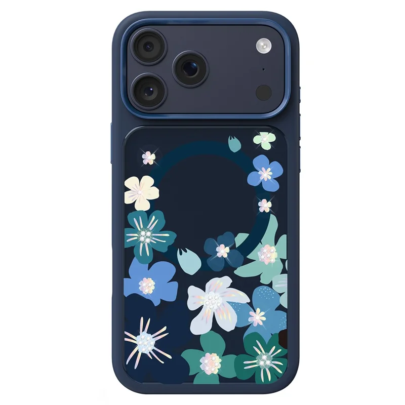 MUTURAL For iPhone 17 Pro Magnetic Case Flower Pattern Design Liquid Silicone + Glass + PC Phone Cover - Dark Blue