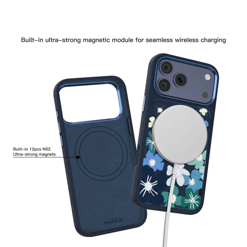 MUTURAL For iPhone 17 Pro Magnetic Case Flower Pattern Design Liquid Silicone + Glass + PC Phone Cover - Dark Blue