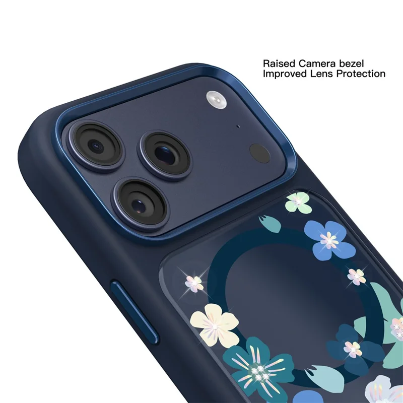 MUTURAL For iPhone 17 Pro Magnetic Case Flower Pattern Design Liquid Silicone + Glass + PC Phone Cover - Dark Blue